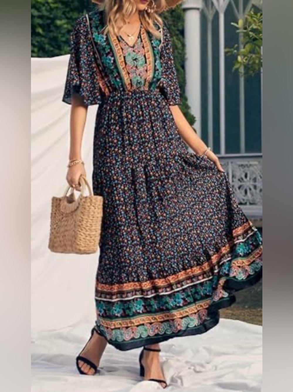 PRETTYGARDEN Boho Floral Print Dress V Neck Flow Sleeve High Waist Maxi Dress XL